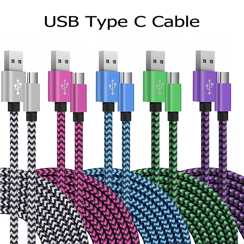 USB Type C Cable Date Sync Fast Charging Nylon Braided Wire Charger Cable For Samsung Huawei Android Typec Mobile Phone 1m 2m 3m