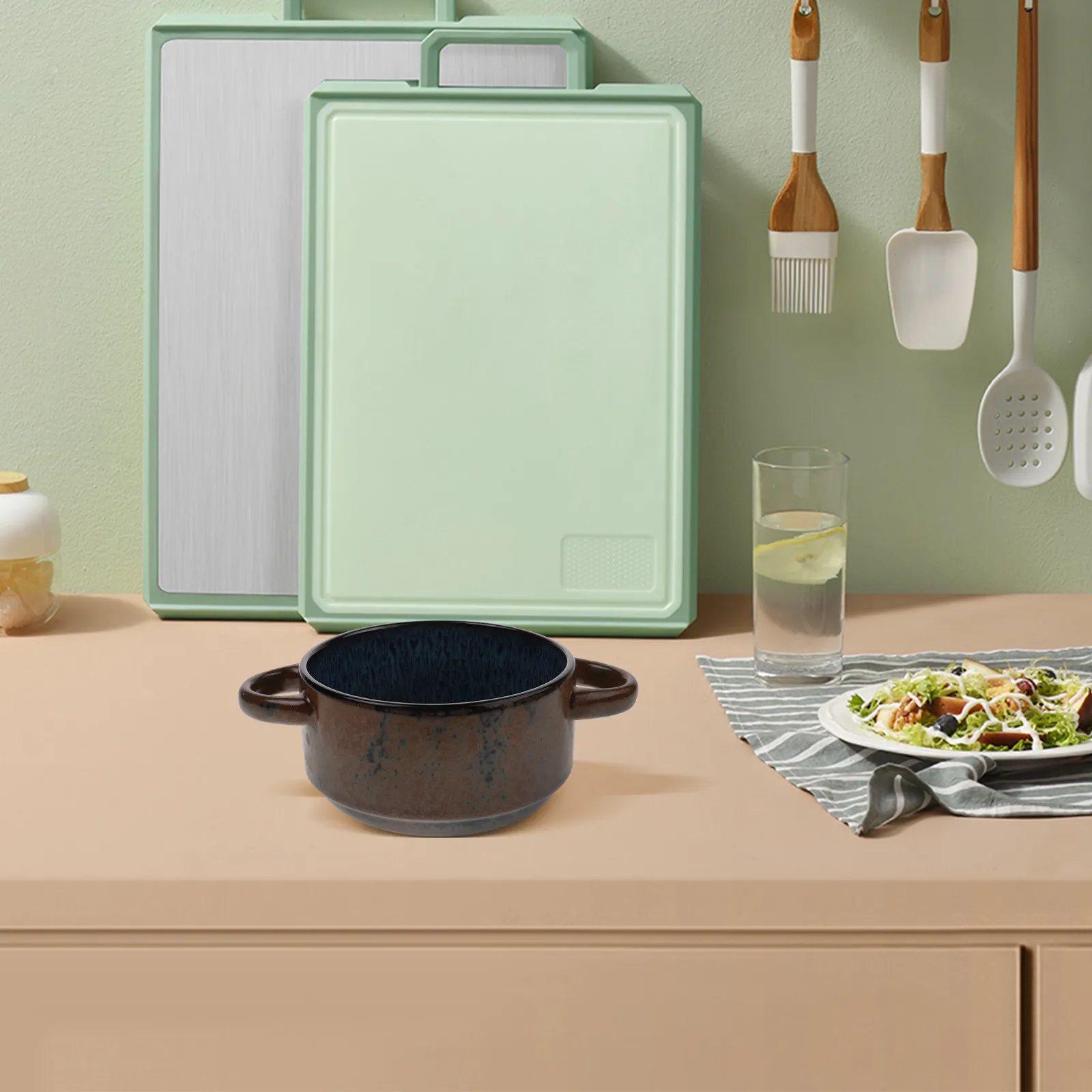 Tazón de Cerámica para Postre, Bonito Tazón con Doble Asa para Servir Alimentos, Frutas, Ensaladas, Sopa, Utensilio de Cocina Multiusos, Vajilla