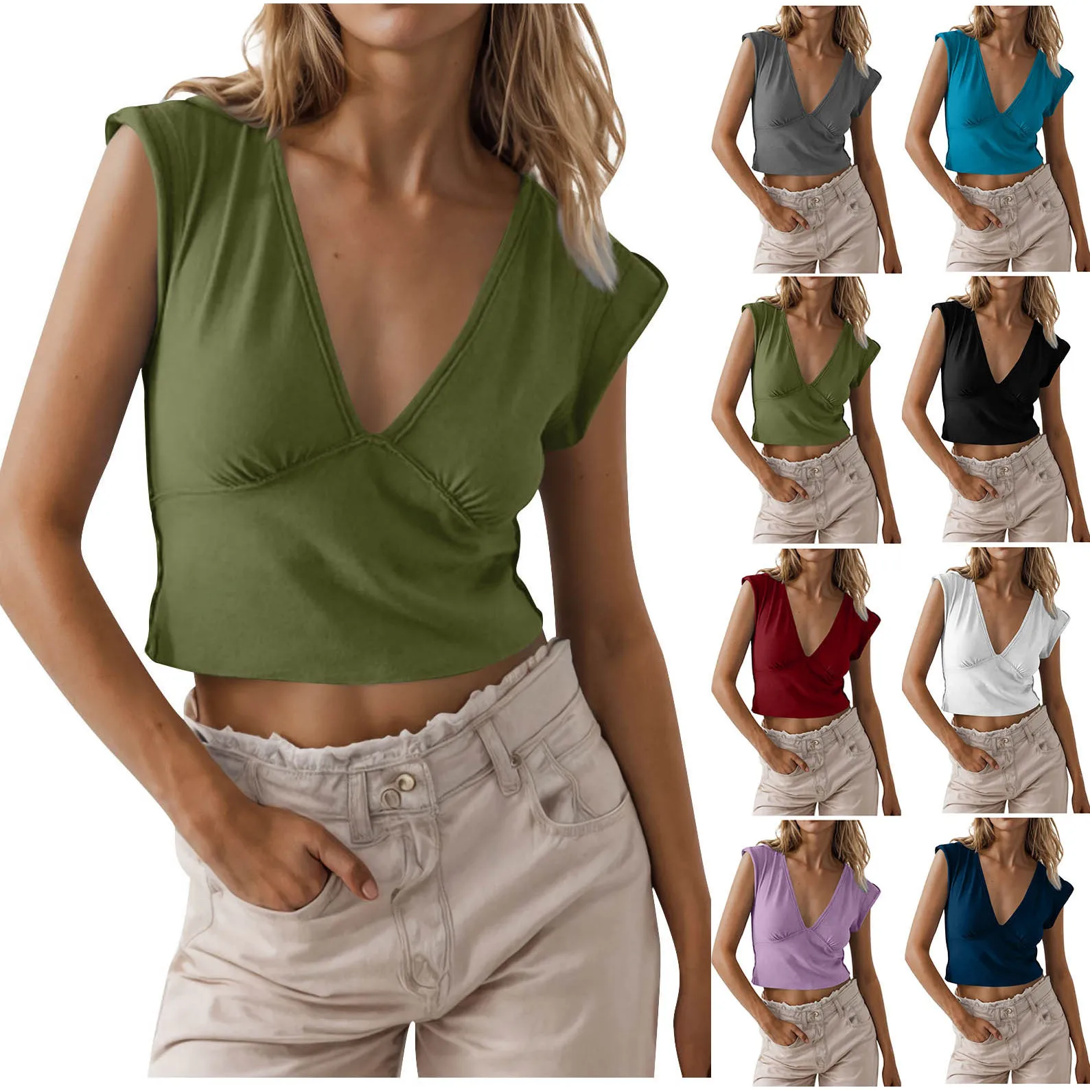 تي شيرت صيفي منخفض Ne ort Sve تي شيرت نسائي من oulder V-ne بقصة ضيقة للتنقل Sle لون نقي كاجوال Faion #1