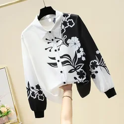 Spring Autumn New Chiffon Printing Blouse Ladies Long Sleeve Polo Neck Loose Fashion Shirt Tops Vintage Elegant Women Clothing