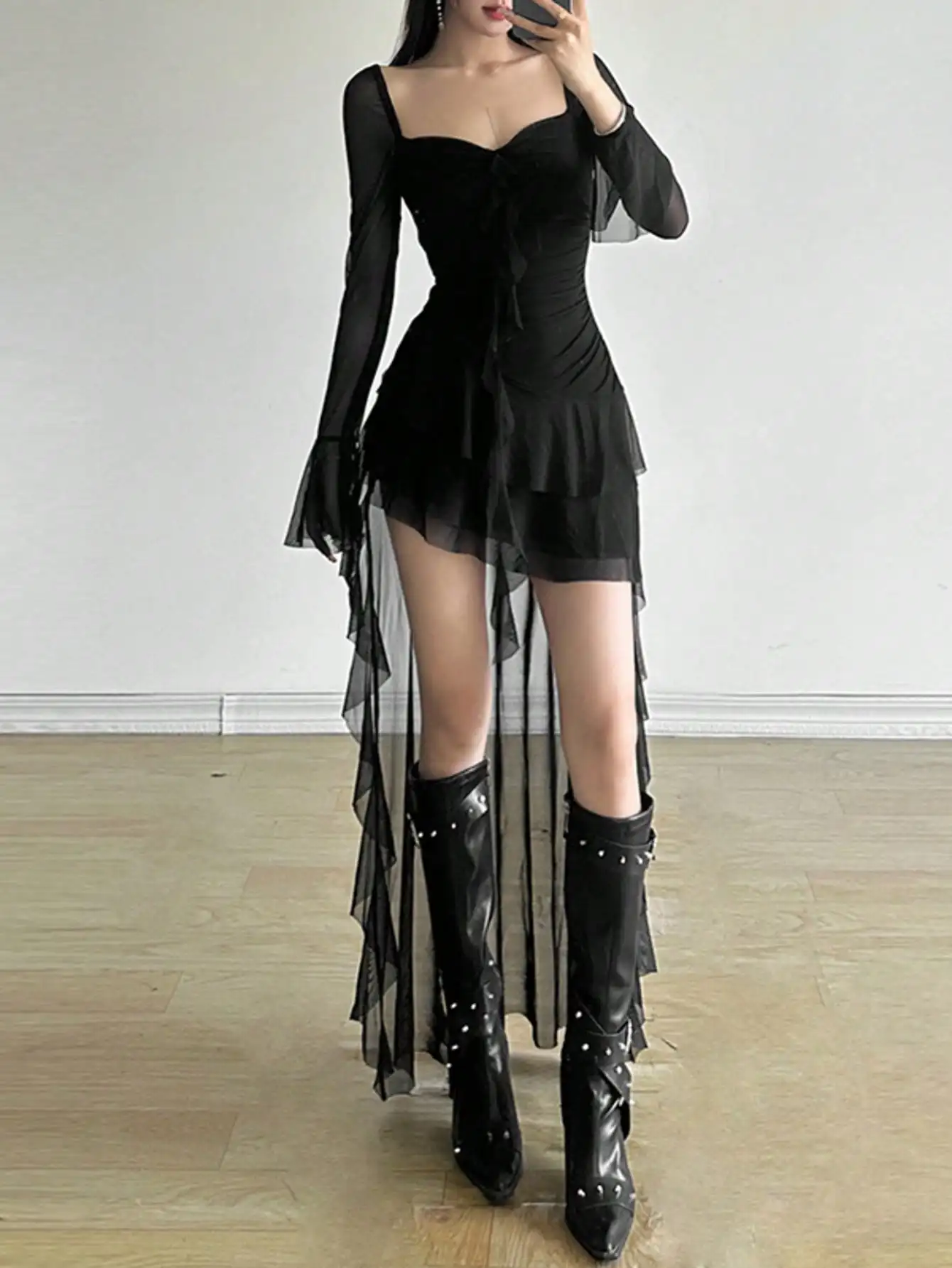 

Black Square Neck Long Sleeve Mesh Dress with Asymmetrical Hem and Ruffles