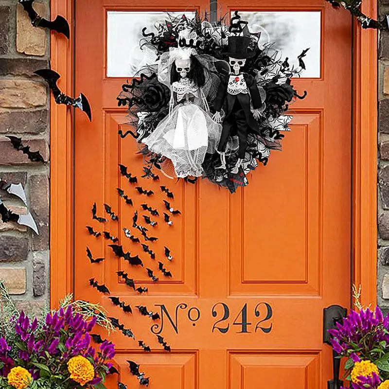 Skeleton Bride And Groom Halloween Creepy Skeleton Wreath Halloween Creepy Skeleton Gothic Garland Mesh Versatile Multi-Purpose