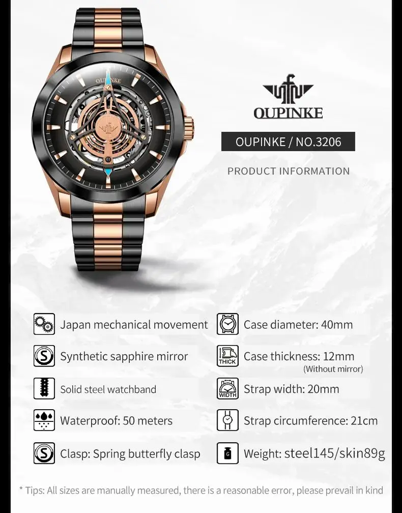 OUPINKE 3206 Top Brand Hollow Mechanical Watch For Men Synthetic Sapphire Mirror Waterproof Wristwatch Luxury Business Watches