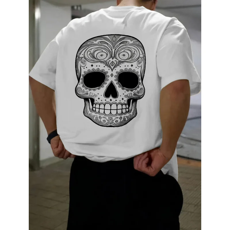 Men's T-Shirt White Sugar Skull Printed Pattern High Quality Cotton 180g