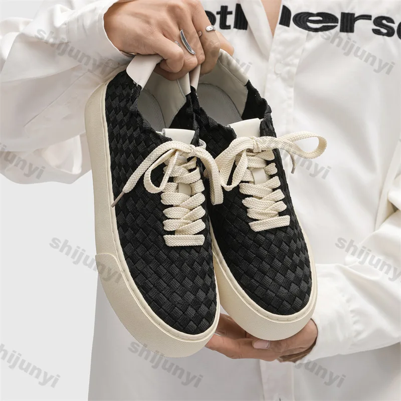 Men's Casual Shoes 2025 Autumn New Breathable Weave Fashion Lace Up Low Help Shoes Lightweight Comfortable Luxury Outdoor Flats