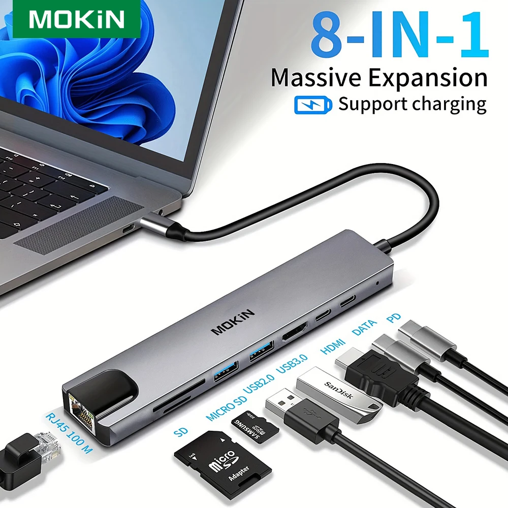 MOKiN 8 in 1 USB C Hub Type-C USB Adapter with RJ45,4K HDTV,100W PD,USB 3.0,SD/TF Card Reader for MacBook Pro/Air iPad Dell  HP