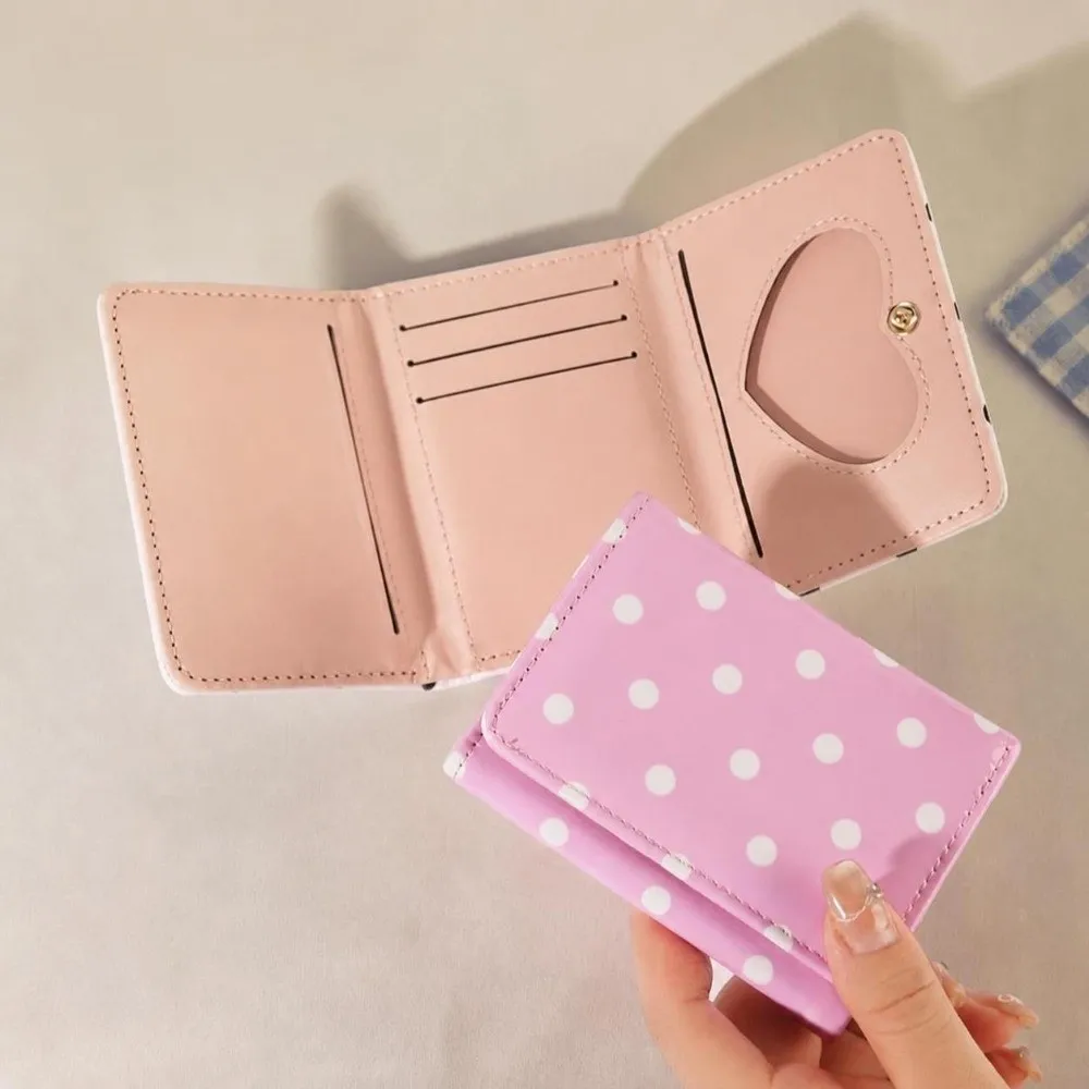 Cute Polka Dot Pattern Trifold Wallet Glossy PU Leather Multi-Pocket Coin Purse Short Wallet Women