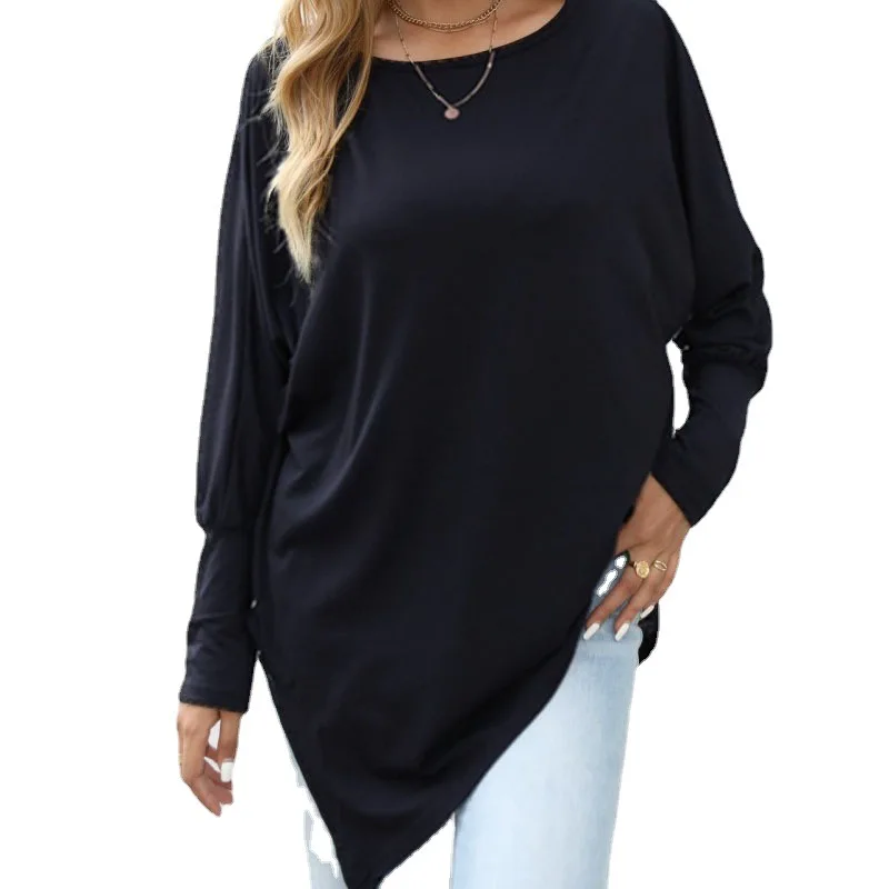 Women Long Sleeved Irregular T-shirt Casual  Black Autumn Winter Basic Tunic 3XL Vacation Streetwear Tees Fall Shirt