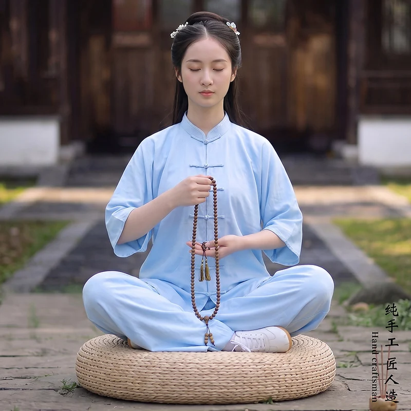 Unisex Summer Short Sleeve Tai Chi Suit - Cool Breathable Chinese Style Zen Meditation Morning Exercise Linen Martial Arts Set