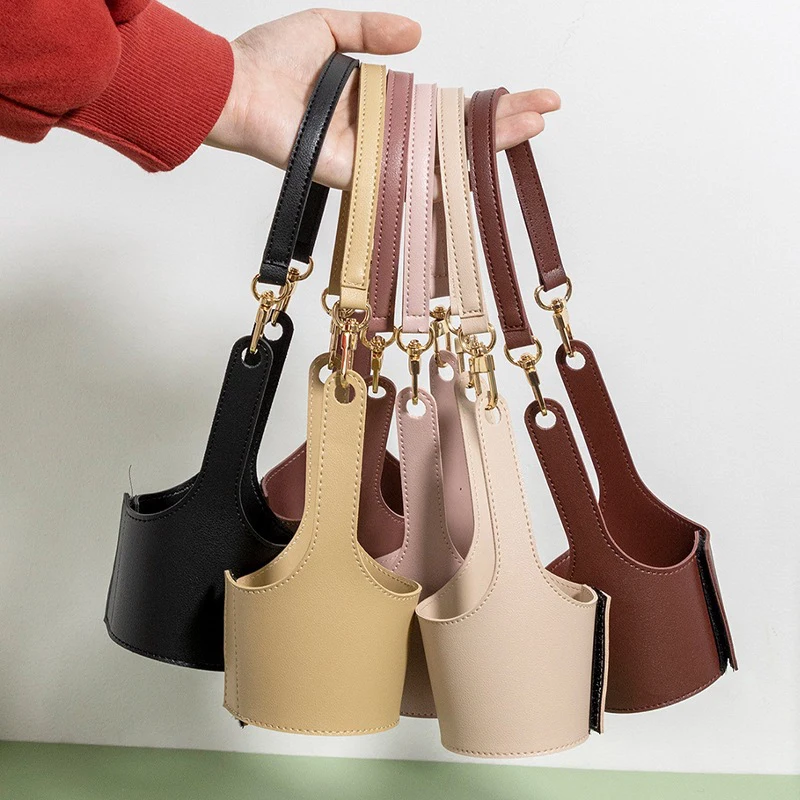 Leather Cup Cover Pouch Portable Water Bottle Sleeve Bag Leather Carrying Strap Insulating Cups Milk Tea Coffee Cups Accessories