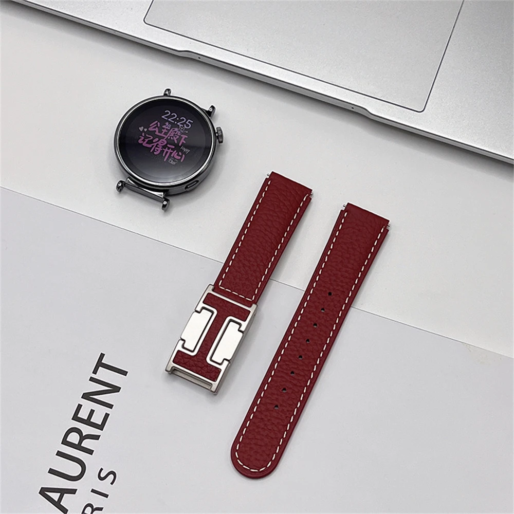 Ремешок для часов из натуральной кожи 18 мм, 20 мм, 22 мм для часов Huawei 3 4 GT2 GT3 GT4 GT5/GT5 Pro Litchi с узором H-пряжкой, магнитный всасывающий