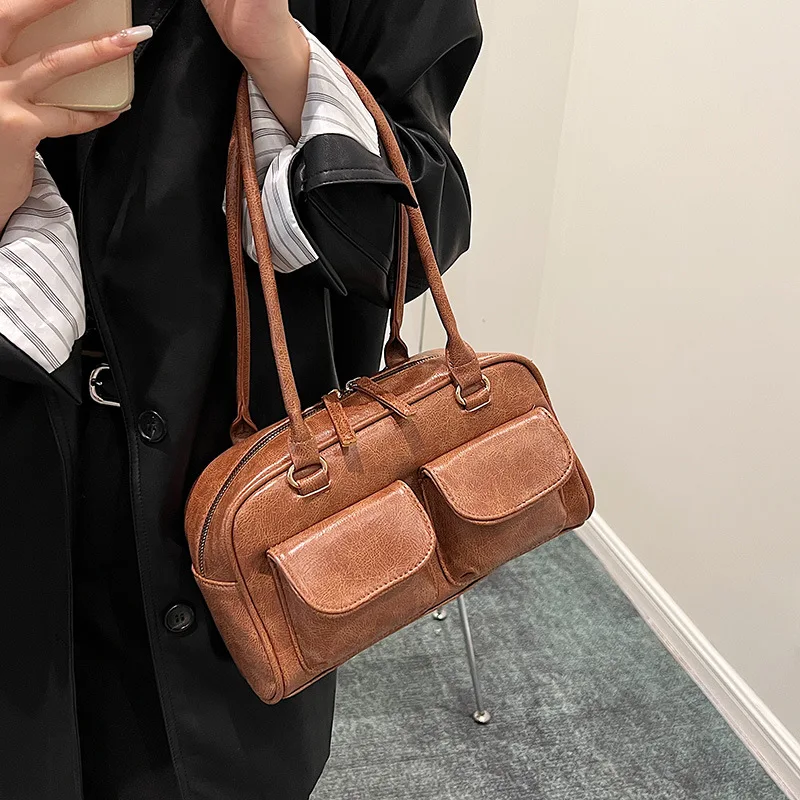 KK 2024 New Brown Palm Double Pocket Women\'s Multi functional Single Shoulder Underarm  luxury leather bag