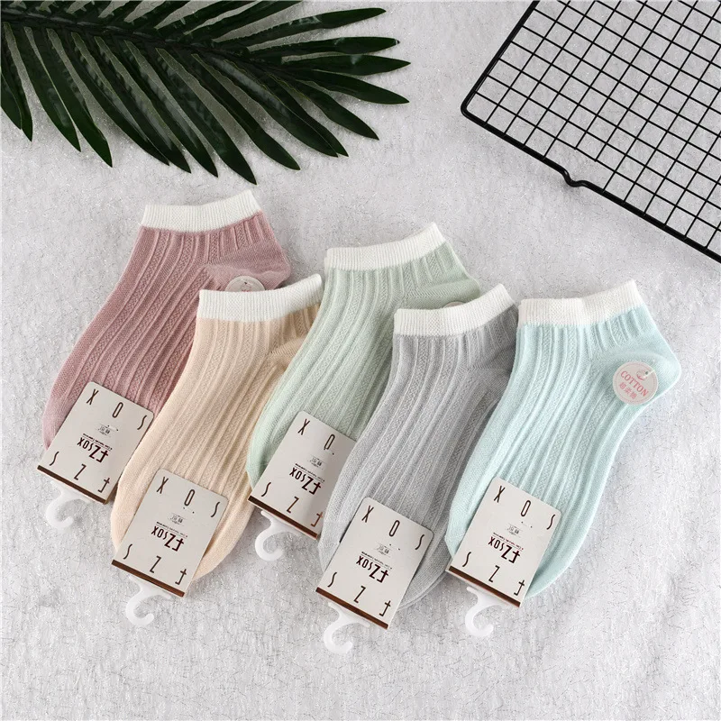 

5 Pairs of Women's Socks Summer Solid Color Cotton Breathable Boat Socks Female Korean Double Needle Invisible Socks Short Socks