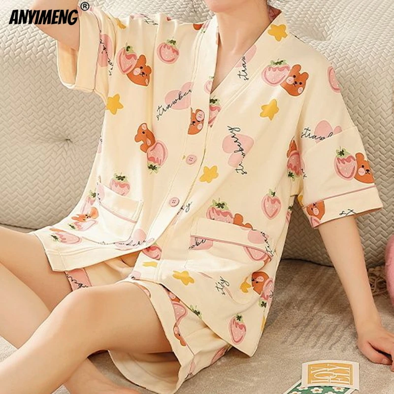 Summer Women Cotton Pajamas Set Kimono V-neck Casual Sleepwear Leisure Loungewear Cute Cartoon Girls Pijama Plus Size Homewear