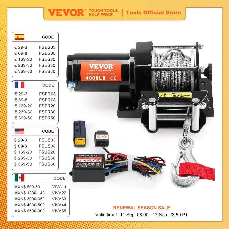 

Электрическая лебедка VEVOR 4000 фунтов со стальным тросом 39 футов, 7 нитей, беспроводной и проводной пульт дистанционного управления, лебедка для квадроциклов/UTV для буксировки грузовиков