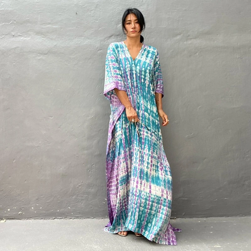 Fantasy Batik Tie Dye Dress Women Summer Rayon Long Maxi Dress Bali Beach Cover Ups Holiday Resortwear Bath Pullover Robe Kaftan