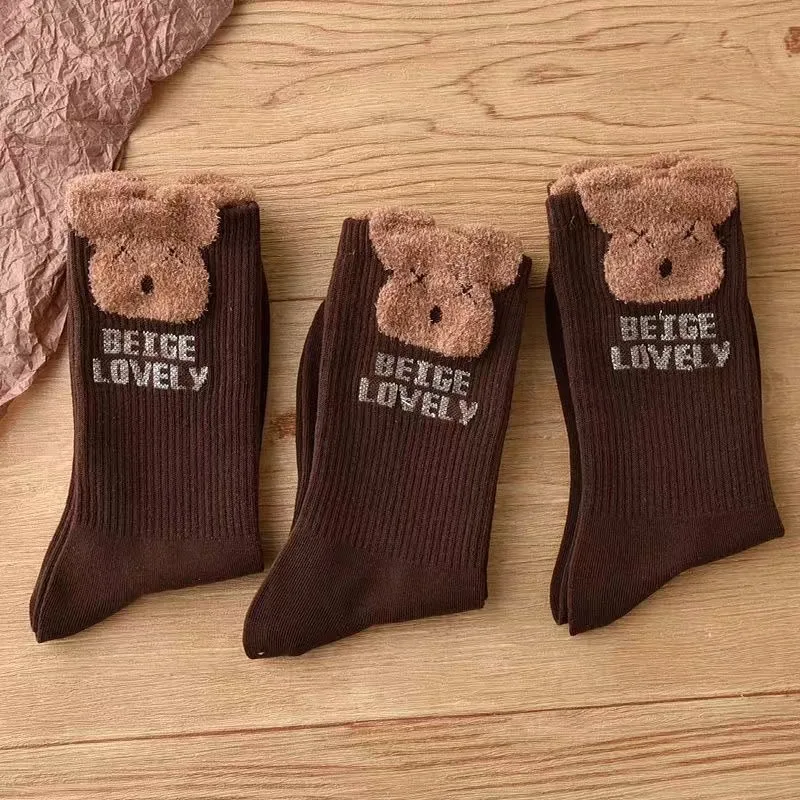 3 pieces of autumn and winter cotton cute teddy bear mid tube socks sweat absorbing and breathable women\'s socks