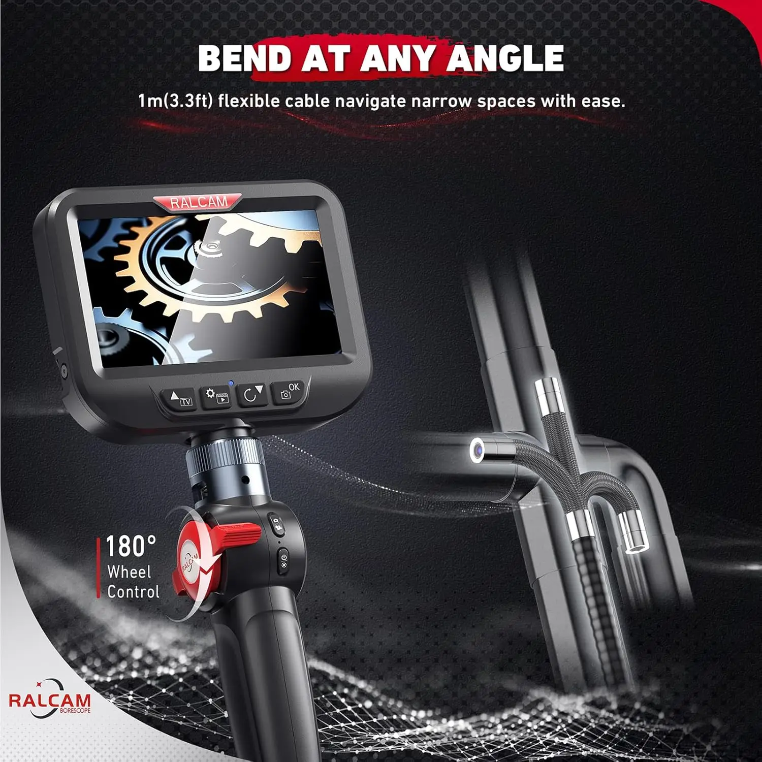 Ralcam Articulating Borescope Camera with Light, Industrial Endoscope Flexible Snake  Camera for Automotive Aircraft Mechanics