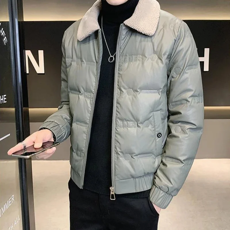 Male Down Jacket Men Fashion Lapel Short PU Leather Outwear Winter New Thicken Warm Large Size Pure Color Casual Outcoat