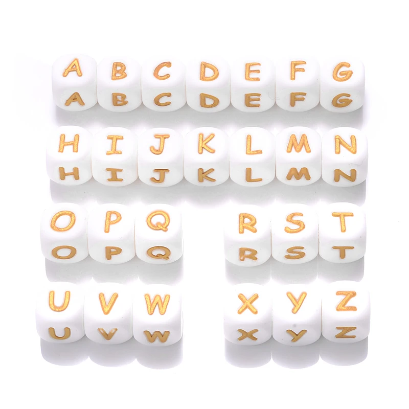 50pcs 12mm White+Gold Silicone Letters Beads Baby Name Teething Teethers English Alphabet Bead for Chew Nursing Shower Gifts