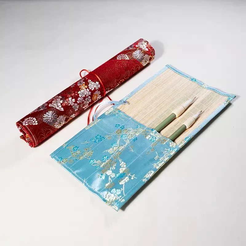 Chinese Brush Roll for Calligraphy - Bamboo Pen Holder Wrap, Portable Ink Painting Brush Bag