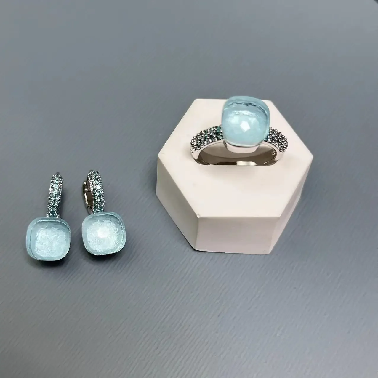 

10.6mm Nudo Ring & Earrings Set Inlay Blue Topaz Zircon Jewelry Set Candy Color Crystal Ring Set Fashion Jewelry Gift