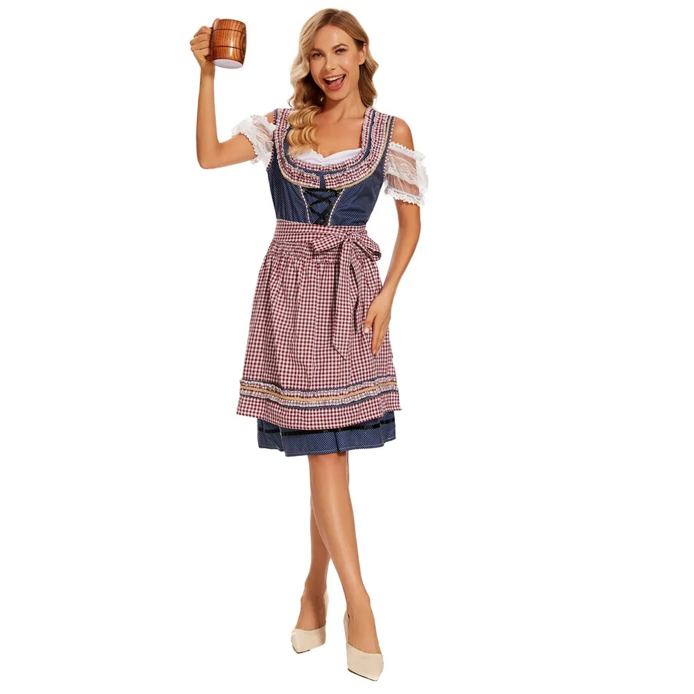 

Sexy Women Traditional Bavarian Oktoberfest Plaid Dirndl Dress German Beer Festival Tavern Wench Maid Waitress Cosplay Costume