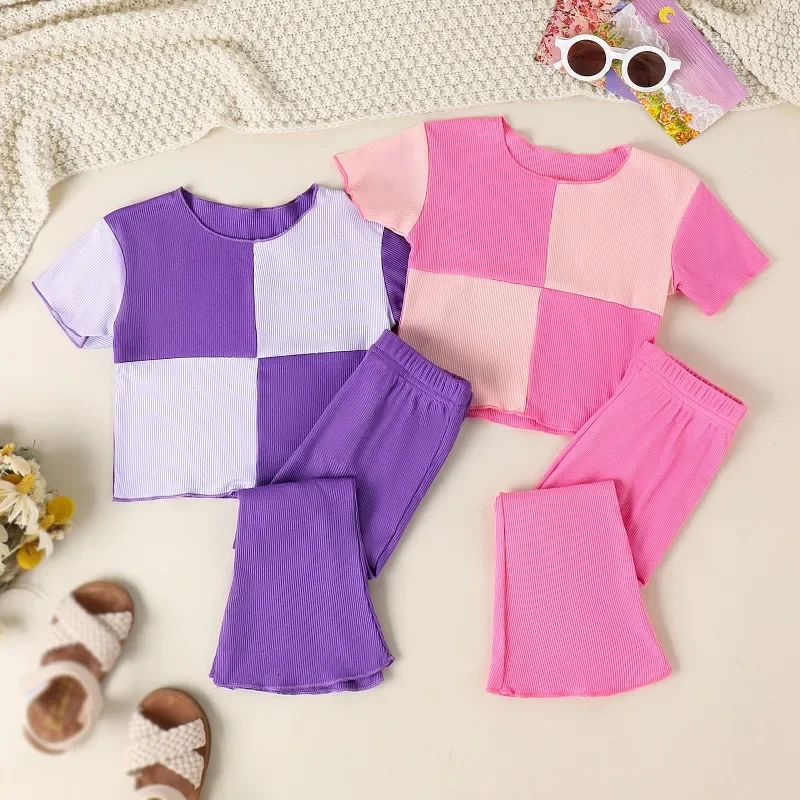 

Summer Bright Color Plaid Short Sleeves T-shirts Bell Bottom Pants Sets for Baby Kids Girls Fashion Home Party School Sets Child