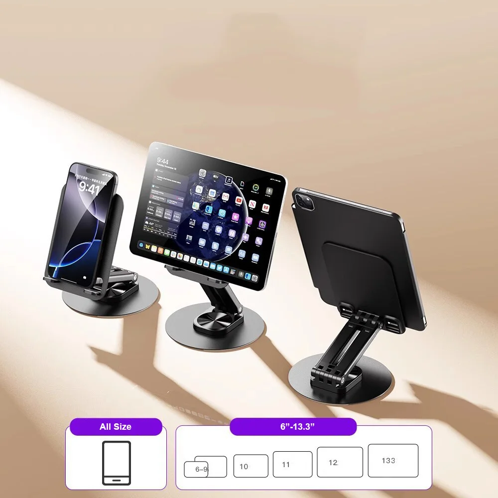 360° rotatable metal base, an ingeniously designed portable desktop stand for tablets, mobile phones and laptops.
