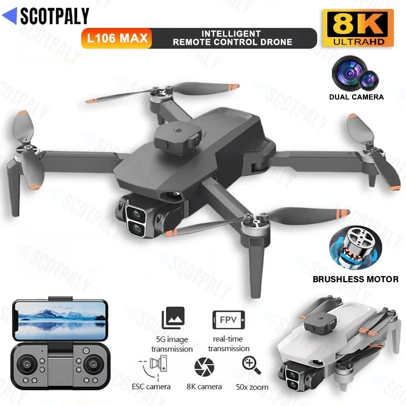 Profesional l106 max mini drone 8k câmera hd motor sem escova dobrável quadcopter fluxo óptico rc dron brinquedos