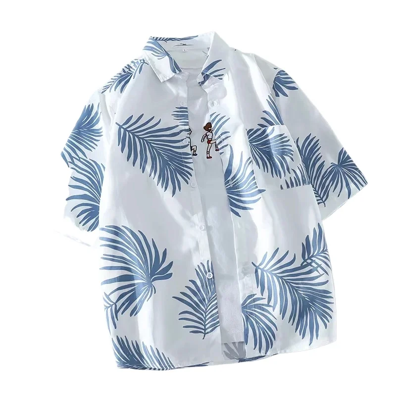 Retro Tree Leaf Pineapple Floral Short Sleeved Summer Versatile Unisex Beach Shirt