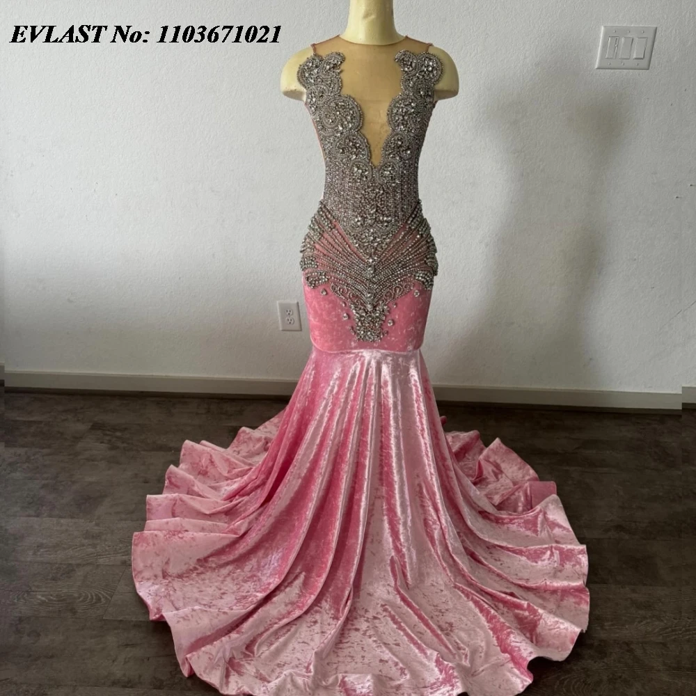 

EVLAST Customized Pink Velvet Prom Dress For Black Girls 2024 Silver Crystal Beaded African Party Gala Gown Robes De Soirée P114