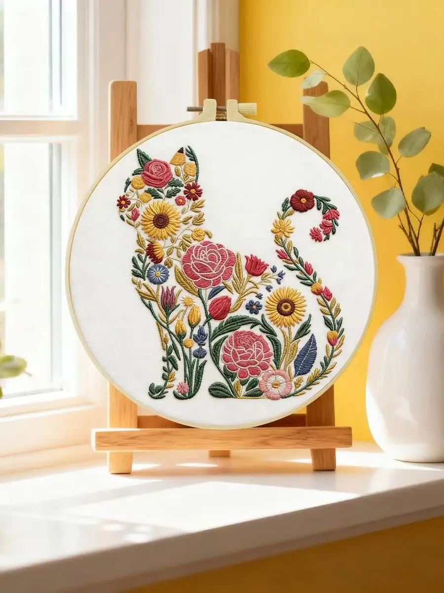 1 Stück 20X20CM/15X15CM 7,87/6,3 Zoll Blumen- und Katzen-Stickerei-Starter-Kit DIY-Kit DIY-Stickerei-Set Handarbeiten Nähkunst – Detail 6