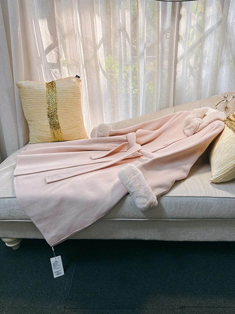 Ele الوردي الأرنب الفراء طوق الوجهين الصوفية معطف طويل خمر لطيف ميسي برينك Sle المرأة Faion معطف الشتاء