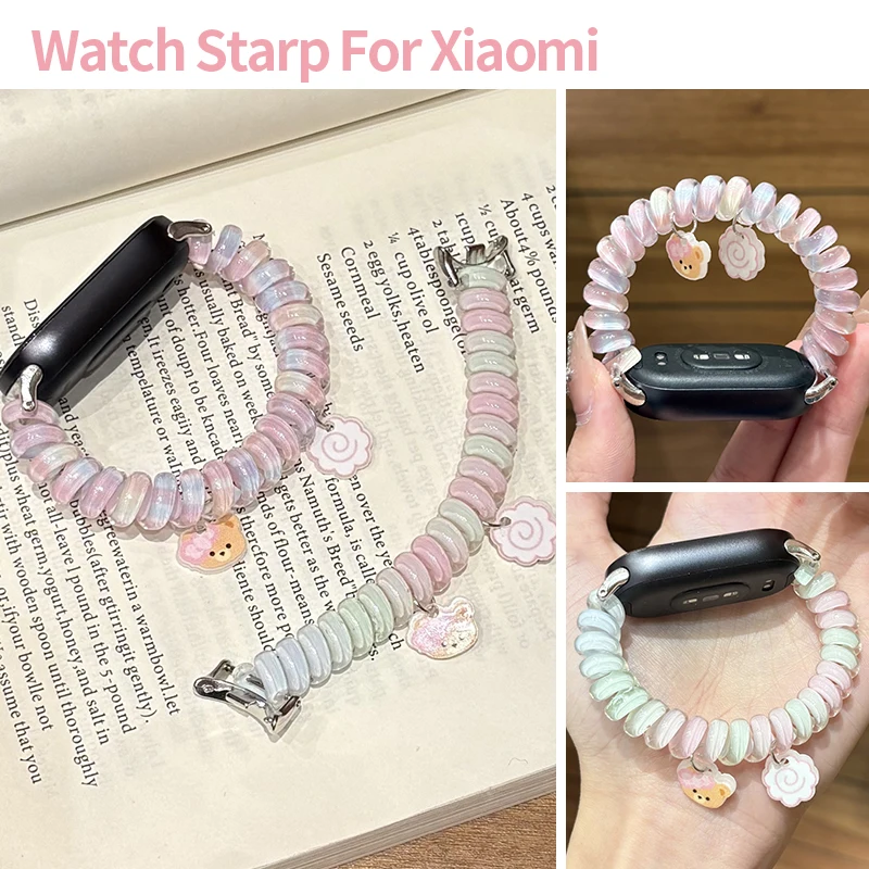 Cute Sweet Beaded Bracelet Strap for Xiaomi Band 8 9 10 8Pro S34 Candy Color Bear Cloud Elastic Wrist Band for Redmi Watch 4 5 6