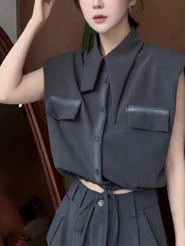 

Trendy Short Style Women's Shirt Deep Grey Single Button Fly Sleeve Summer New Arrival Commute Style Slim Fit Korean Version