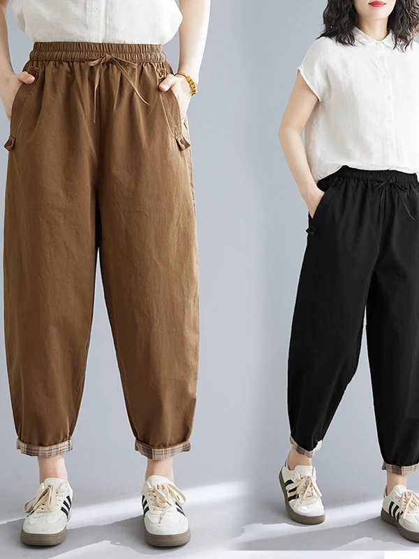 

High-End Retro Women's Loose Elastic Waist Nine-Piece Casual Pants Color Blo Trendy High Waist Loose Fit Daily Wear