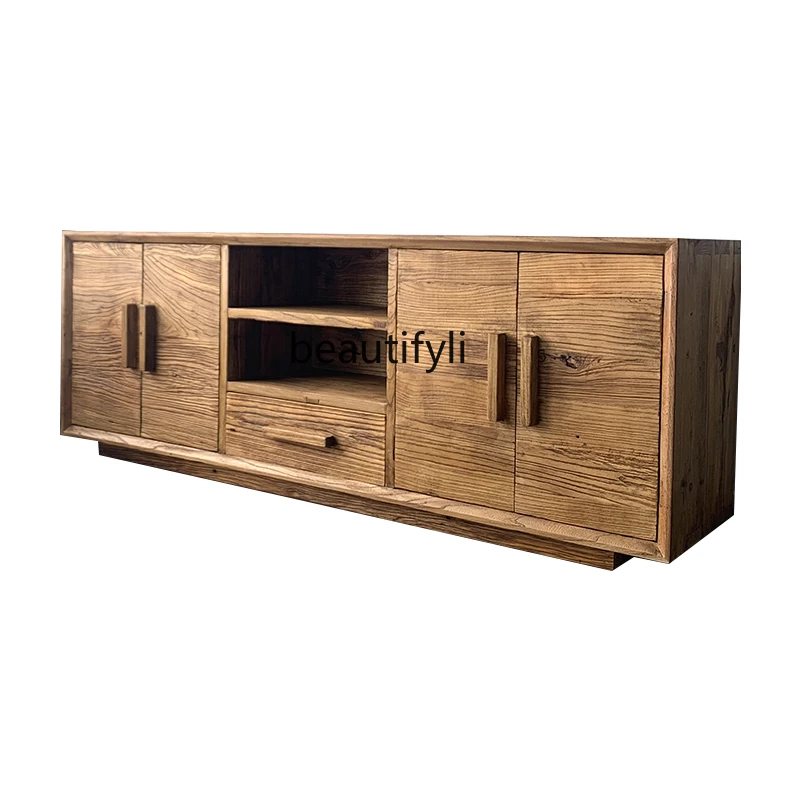 Modern Chinese Minimalist Solid Wood TV Cabinet Nordic Style Old Elm Weathering Furniture Storage Living Room Floor Cabinet