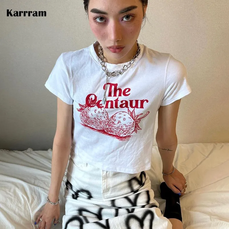 Karrram Korean Fashion Strawberry Print Crop Top Grunge Aesthetics Letter T-shirts Kpop Chic Designer Clothes Irene Same Tops