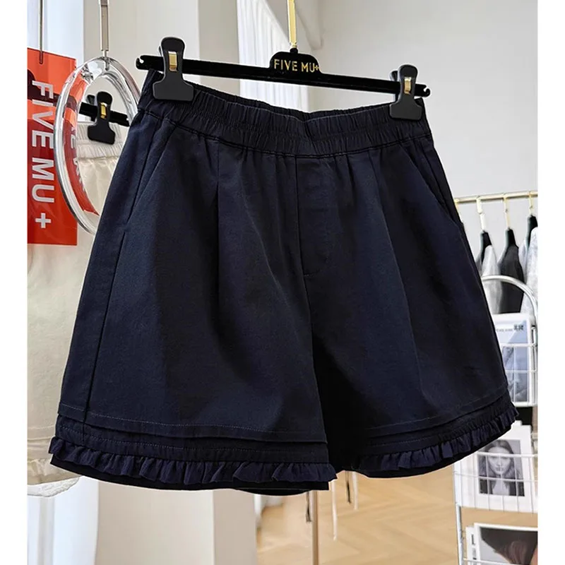 

Korean Casual Cotton Linen Shorts Women Loose Elastic Waist Cotton Short Trousers Summer Ruffled Wide Leg Pants