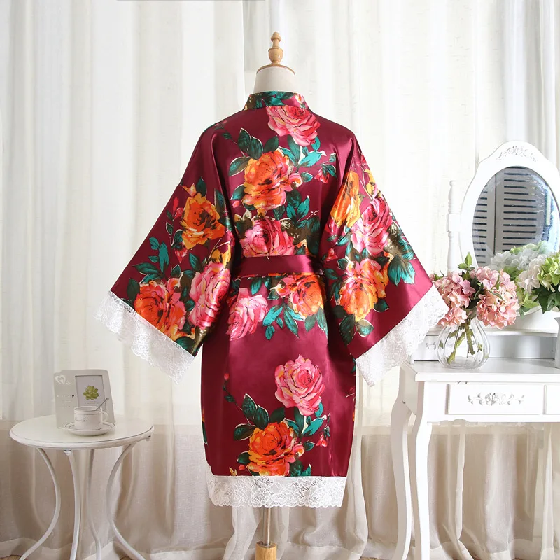 

Women Night Gown Robe Burgundy Floral Print Bathrobe Nightdress Satin Lace Sleepwear Home Clothing