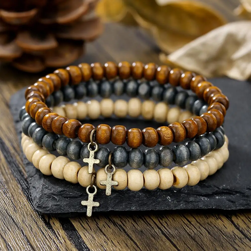 New In Vintage Bohemia Style Wood Bead Stack Bracelet for Men Beaded Cross Pendant Bracelet 3-Piece Set Jewelry Gift