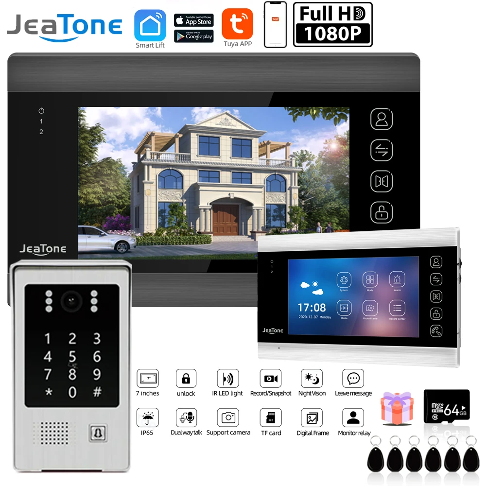 Jeatone 7 Inch Wirless Wifi Tuya Smart 1080P Video Intercom System with Doorbell for Home Security Support  Password/RFID Card