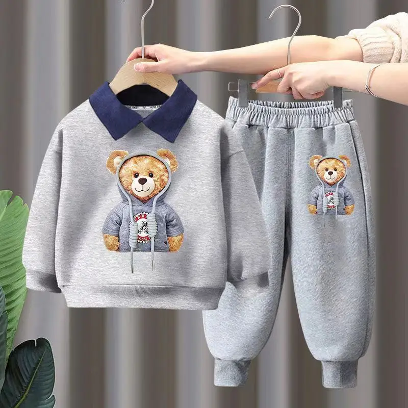 Autumn Baby Girls Clothes Set Children Boy Cartoon Bear Printed Lapel Sweatshirts Top And Pants Bottom 2 Pieces Suit Tracksuits