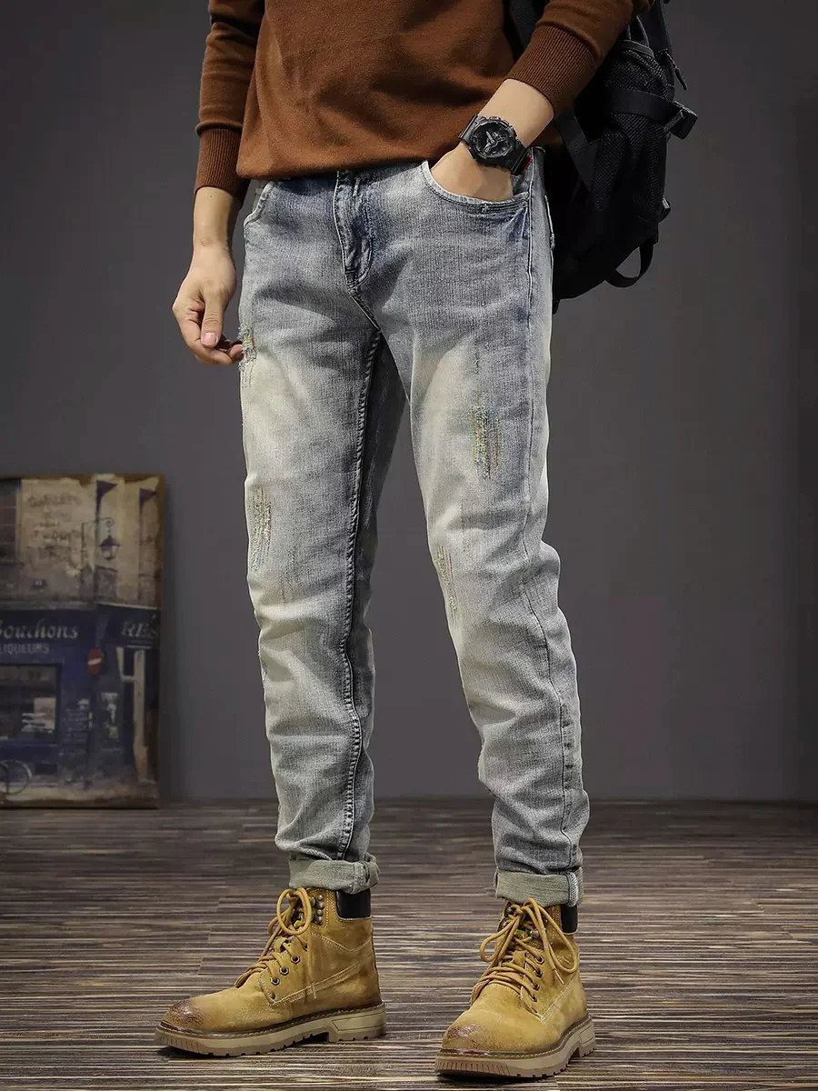 Fashion Vintage Men Jeans Retro Light Gray Blue Stretch Slim Ripped Jeans Men Elastic Trousers Embroidery Designer Pants Hombre
