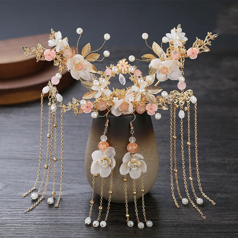 Retro Chinese Women Headdress Bride Show Harvest Hair Crown Earrings Hairpin Sets Decorations Travel Photography Cosplay Access