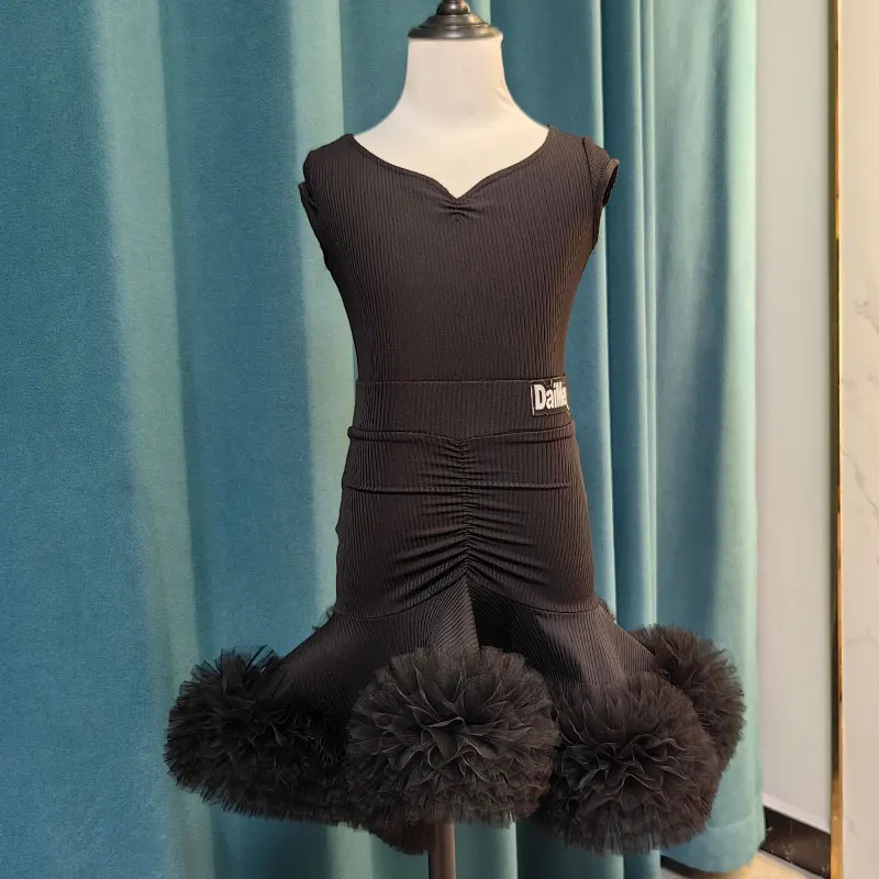 Girls Professional Latin Dance Dress Blue Black Fur Latin Clothes Ballroom Competition Clothes Kids Chacha Salsa Party Dresses