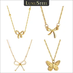 LUXUSTEEL Sweet Bow Tie Butterfly Pendant Necklace Stainless Steel Link Clavicle Chain Choker For Women Girl Party Jewelry Gifts