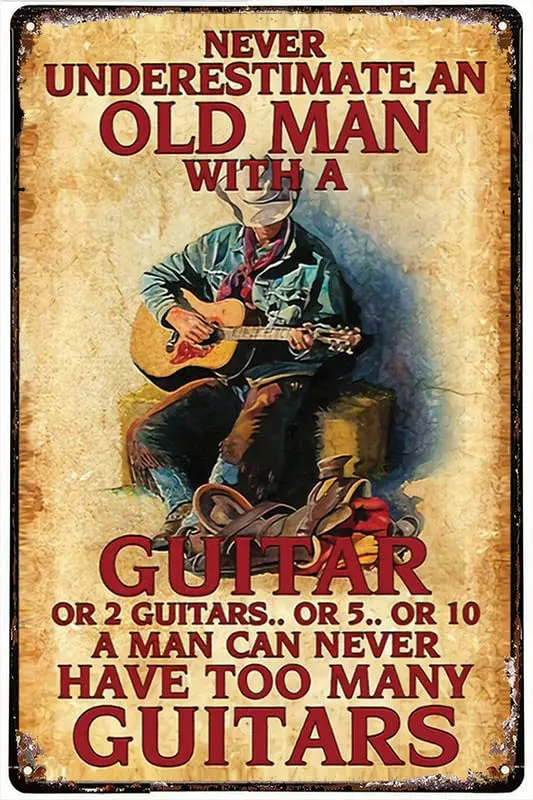 Funny Metal Tin Sign Guitar Player Never Underestimate An Old Man With Guitar Metal Tin Sign Art Holiday Decoration Outdoor &