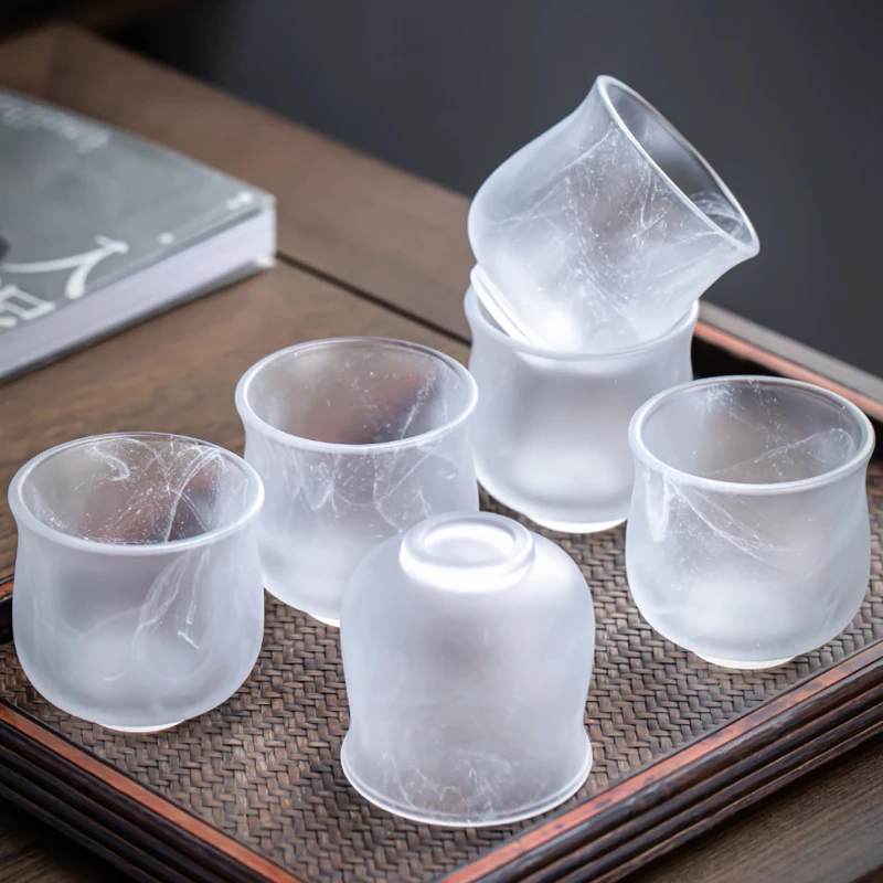 White Floating Flower Glass Tea Cup Transparent Frosted Glaze Jade Porcelain Fuman Teacup Chinese Style Tea Set